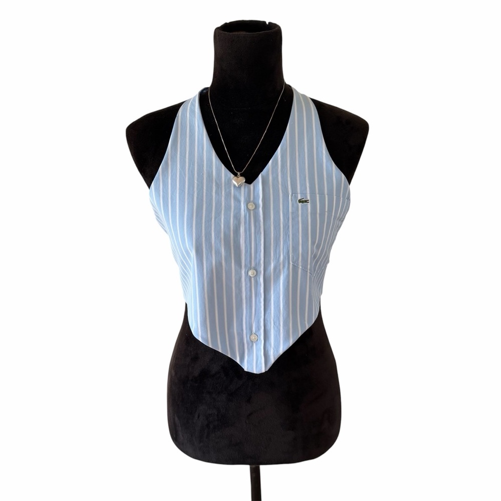 Lacoste Blue and White Shirt Upcycled To A Halter Top